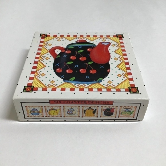 Mary Engelbreit Teapot Coasters Cork Back 4” Square Box SET OF 6 Vintage Cottage - Picture 13 of 16
